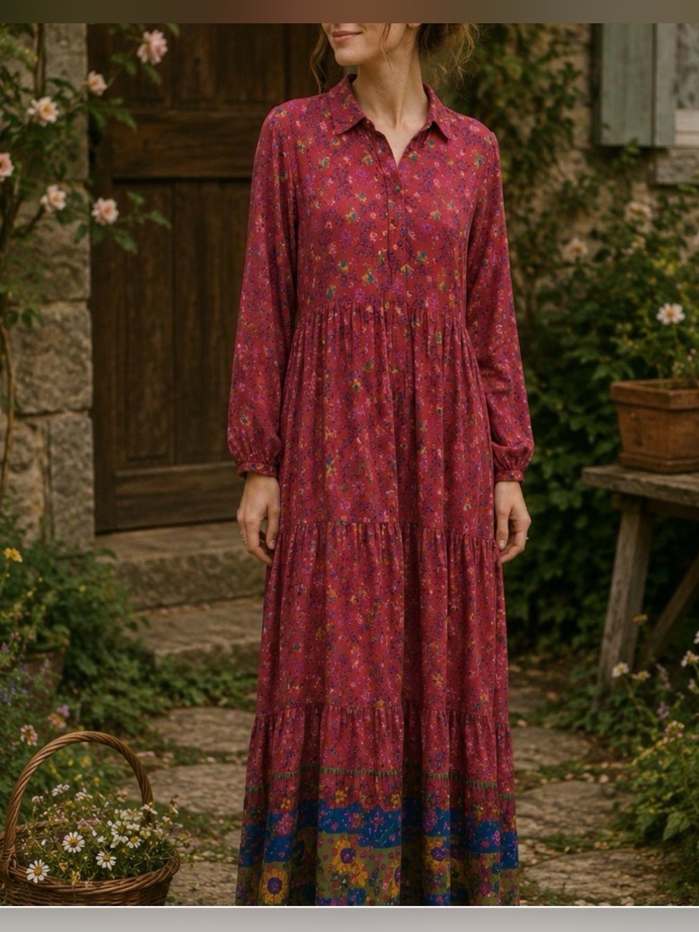 NATURAL LIFE Burgundy Floral Tiered Maxi Dress with Multicolor Hem